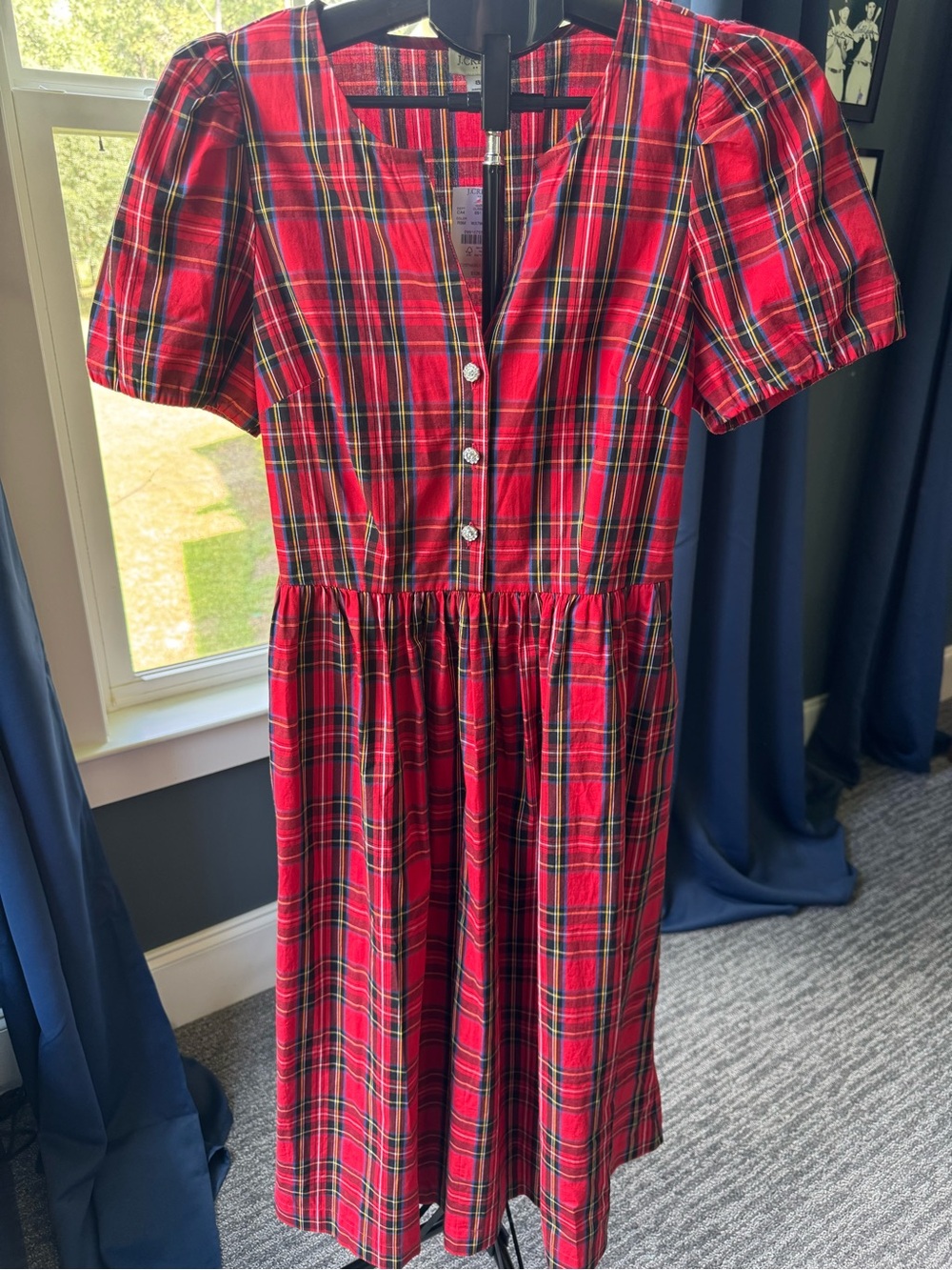 J.Crew Stewart Tartan Plaid Midi Dress Jeweled Buttons Pockets Size 8 NWT